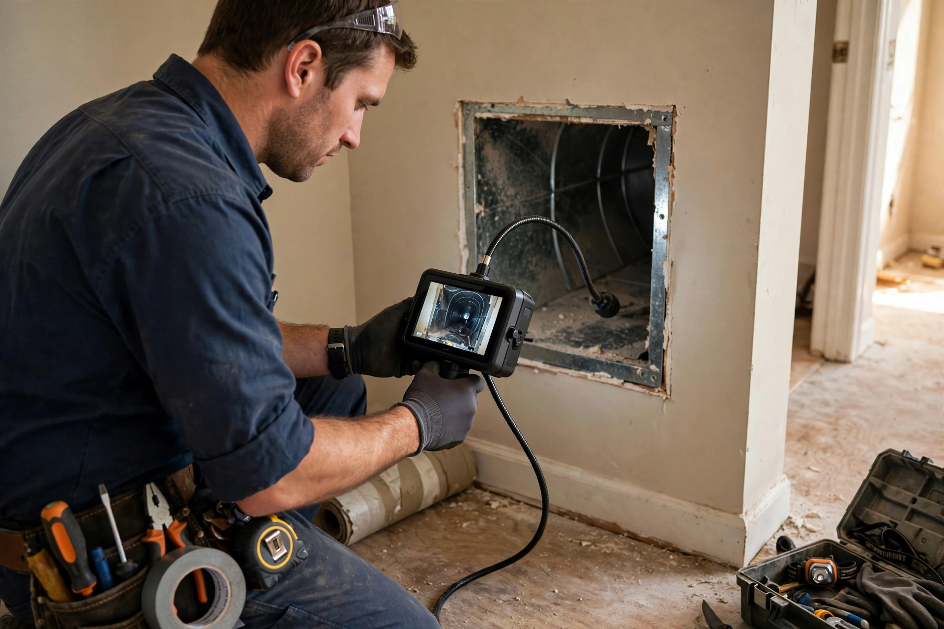 Technician performing professional duct cleaning with specialized equipment