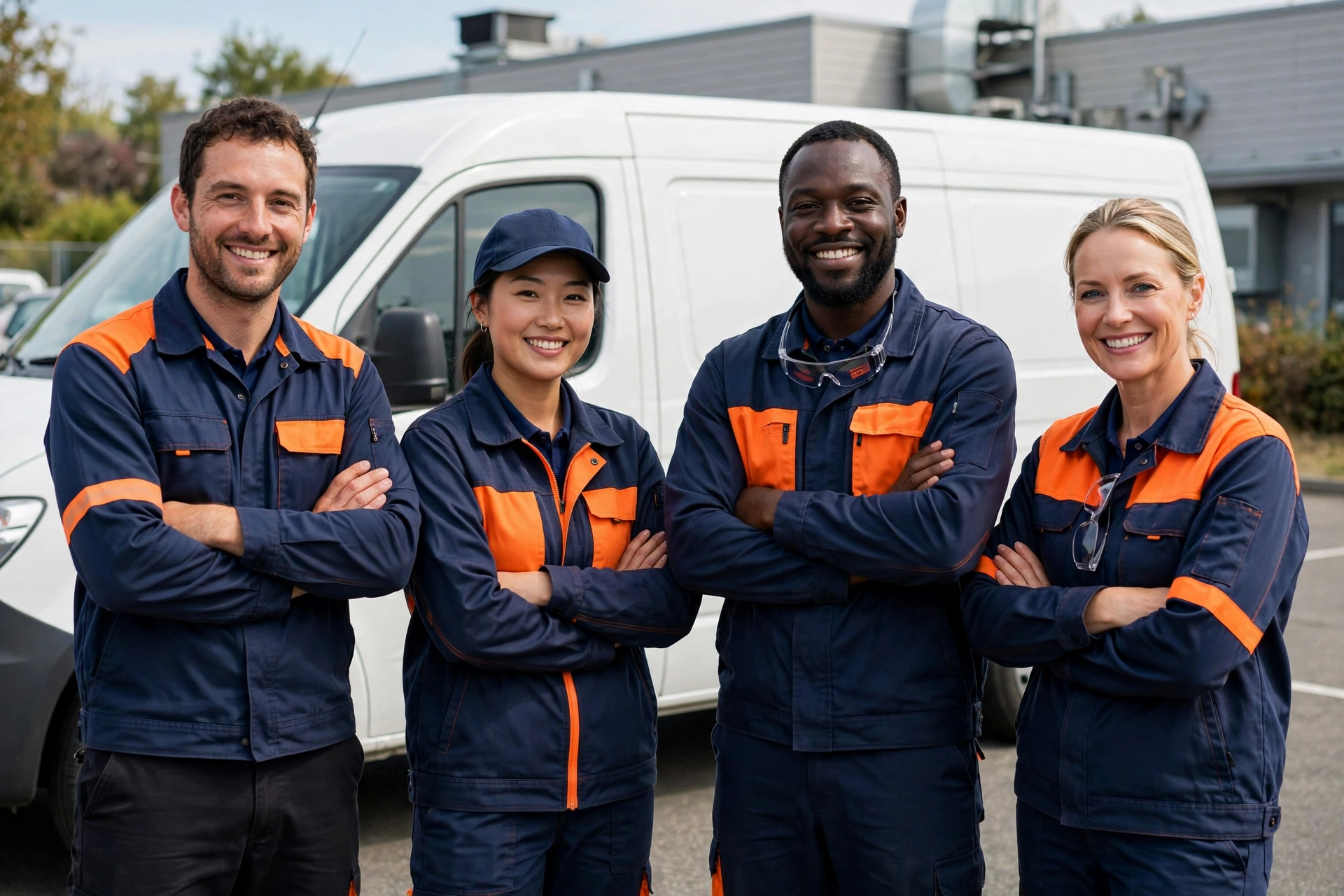 Air duct cleaning technicians with service van