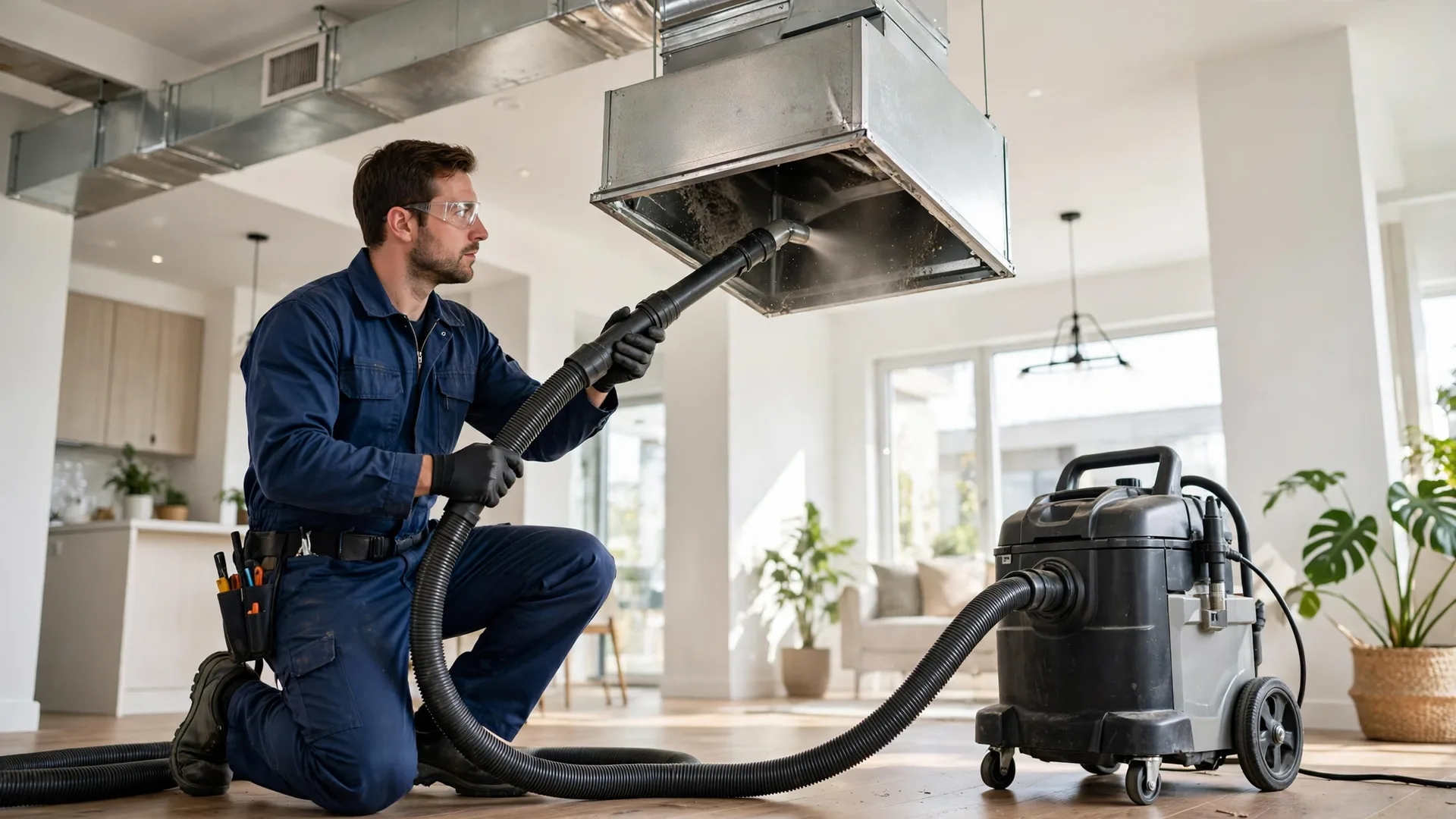 Certified technician performing air duct cleaning in a Nevada home