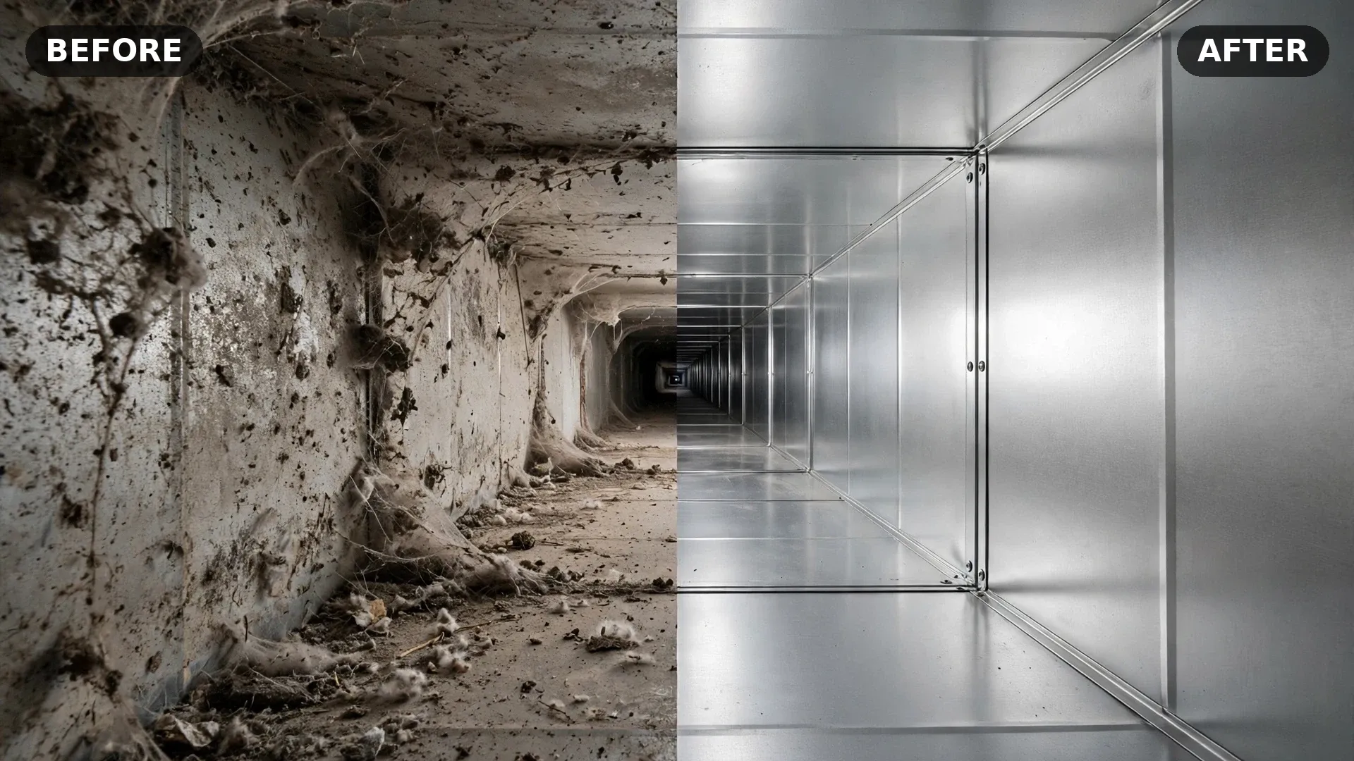 Before and after air duct cleaning — debris-filled sheet metal duct versus clean bare metal