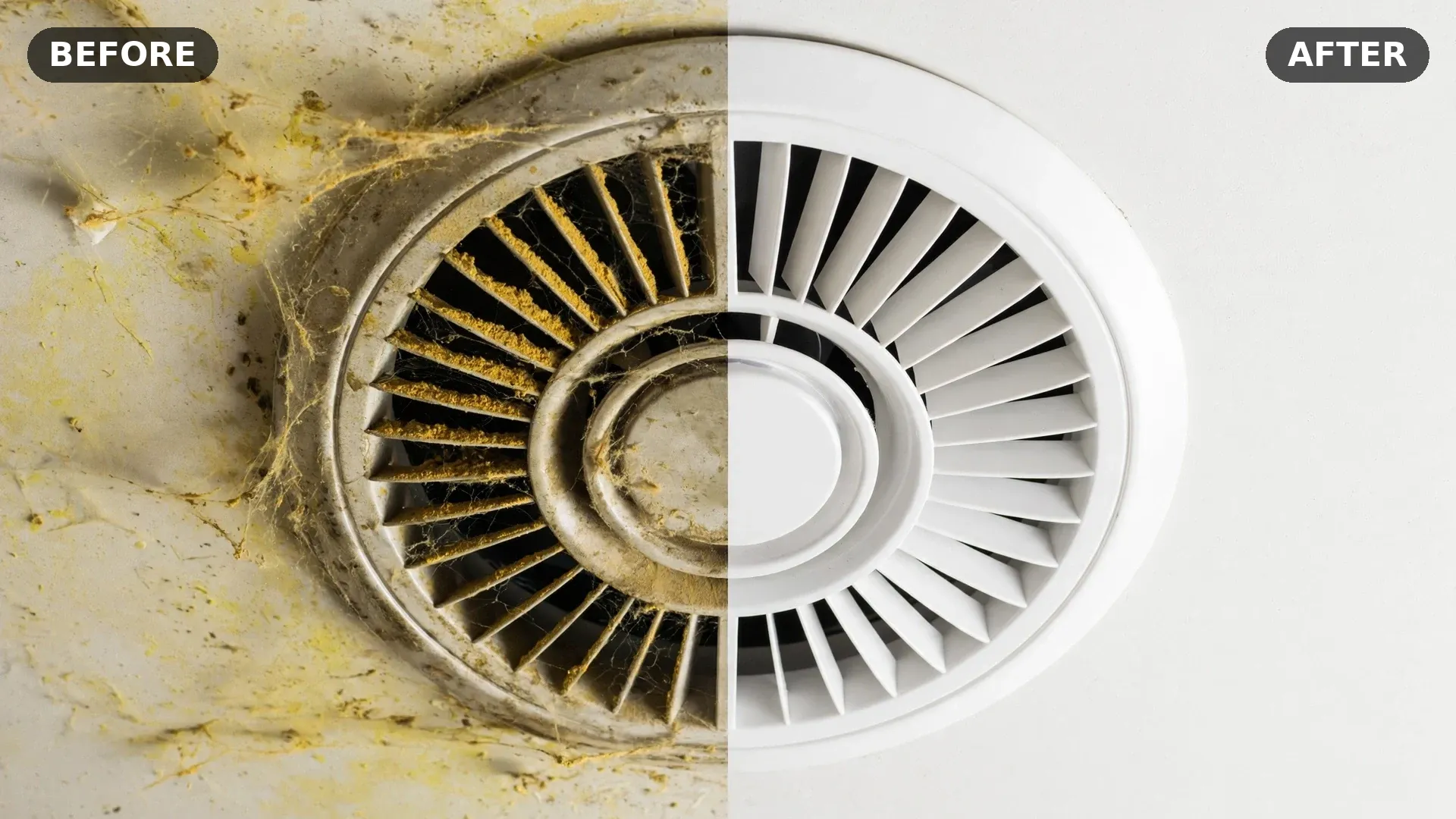 Before and after air duct cleaning — yellowed dusty ceiling vent versus bright clean vent