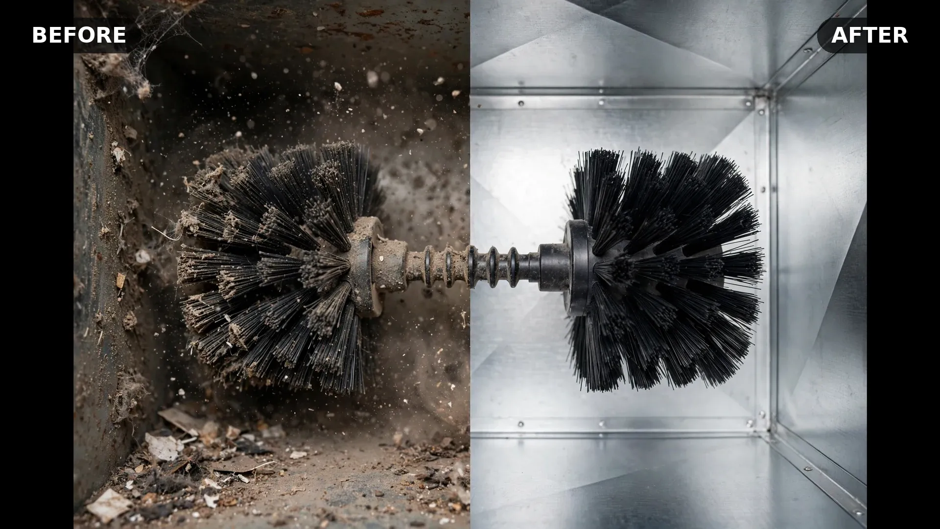 Before and after air duct cleaning — rotary brush in dusty vent versus cleaned duct