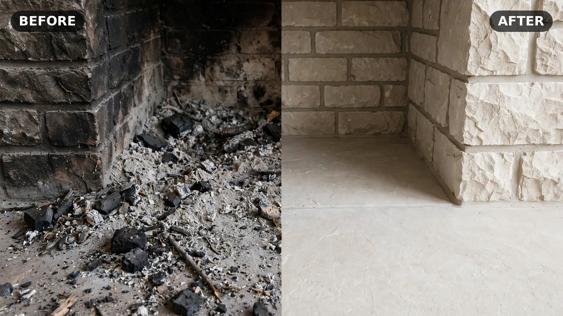 Before and after chimney services — ash-covered hearth versus swept clean hearth