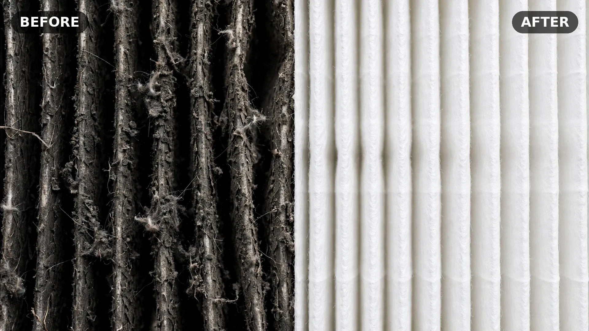 Before and after HVAC cleaning — black clogged air handler filter versus new white filter