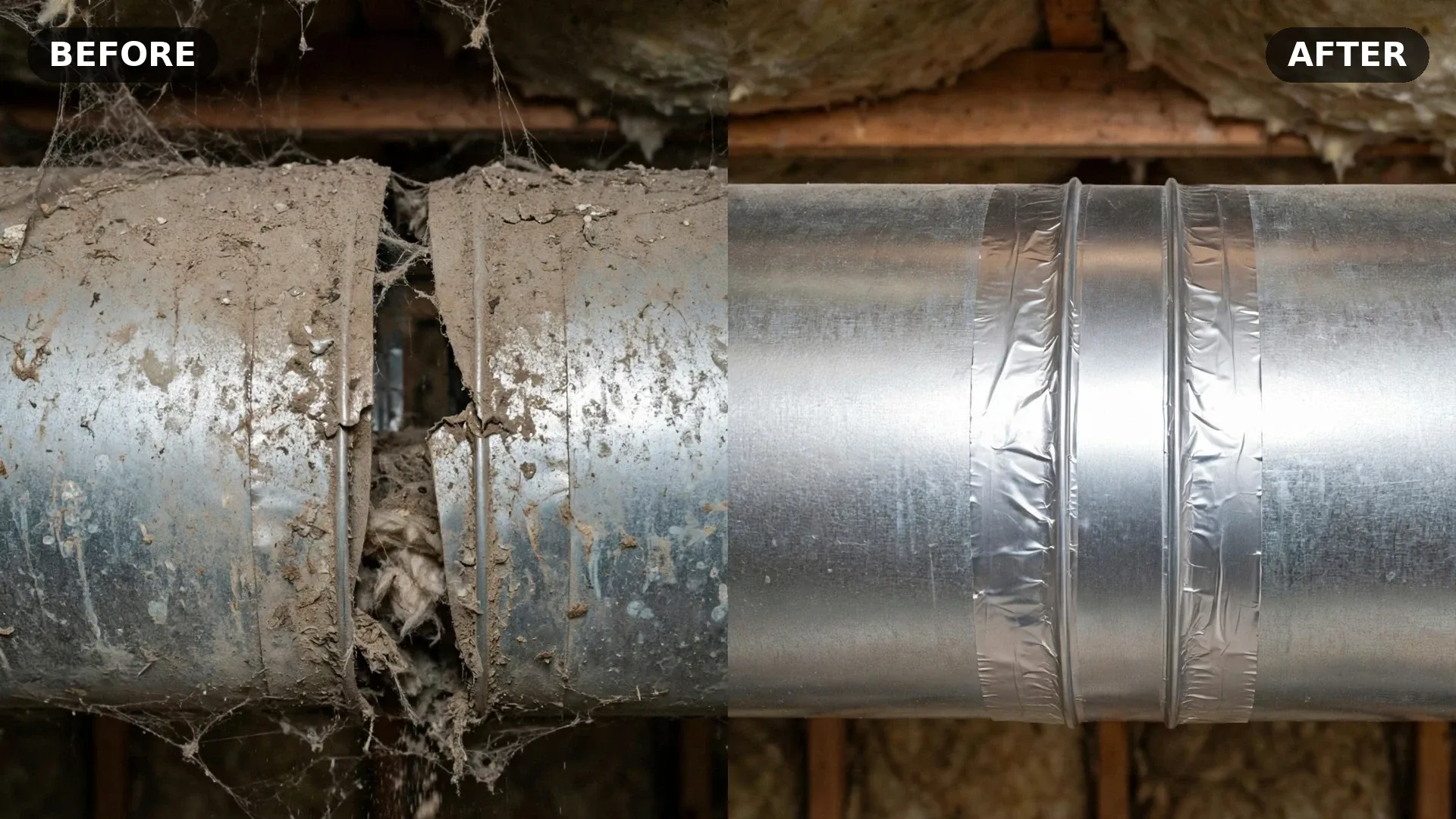 Before and after HVAC cleaning — dusty duct joint versus clean sealed joint