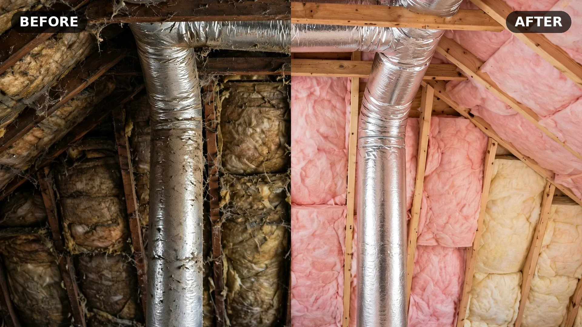Before and after insulation services — old attic insulation versus fresh thick insulation
