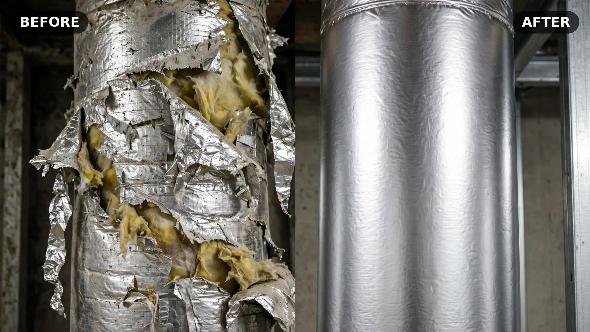Before and after insulation services — torn duct wrap versus new sealed silver wrap