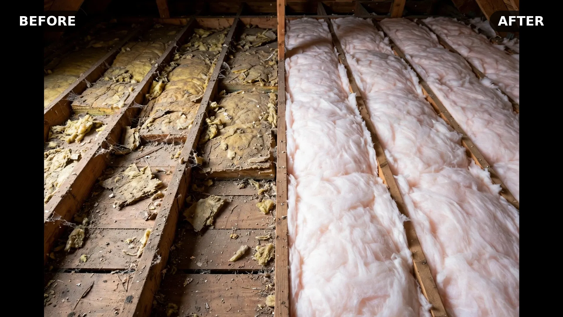 Before and after insulation services — thin patchy attic insulation versus deep new insulation
