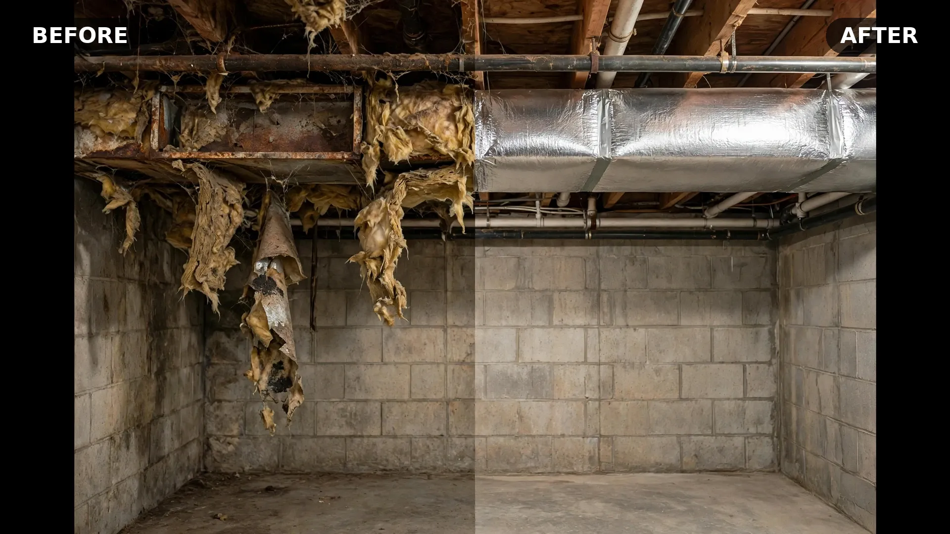 Before and after insulation services — sagging basement duct insulation versus new insulated ducts