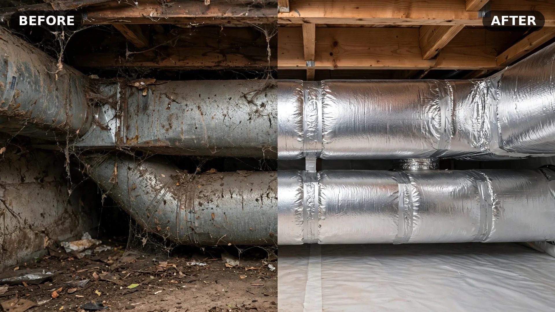 Before and after insulation services — uninsulated crawlspace ducts versus clean insulated ducts