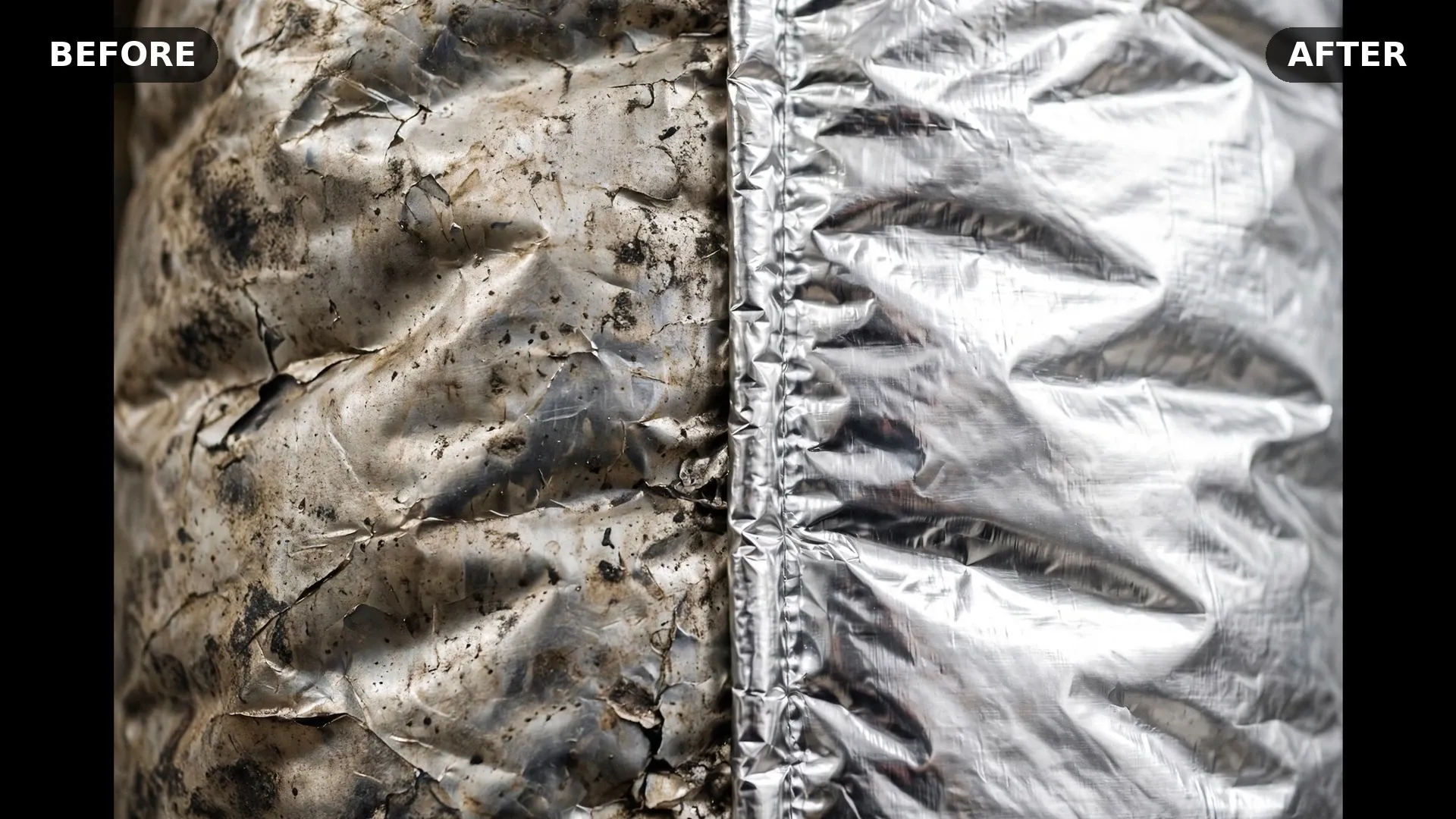 Before and after insulation services, old stained jacket versus bright new silver jacket