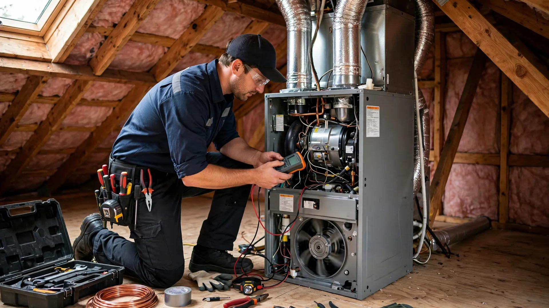 Technician servicing an HVAC system in an attic