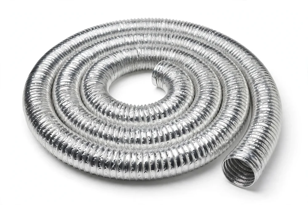 Silver flexible air duct tube, product photography