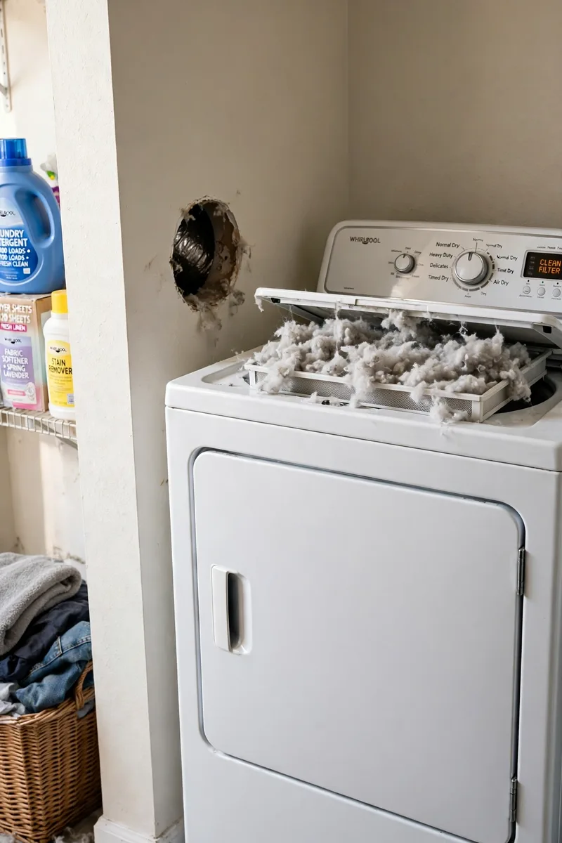 Clothes dryer with lint trap and wall vent in laundry room