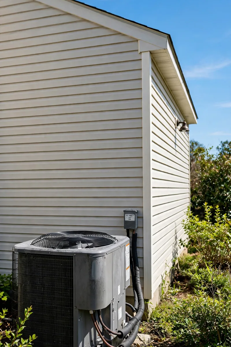 Outdoor HVAC condenser unit beside house wall