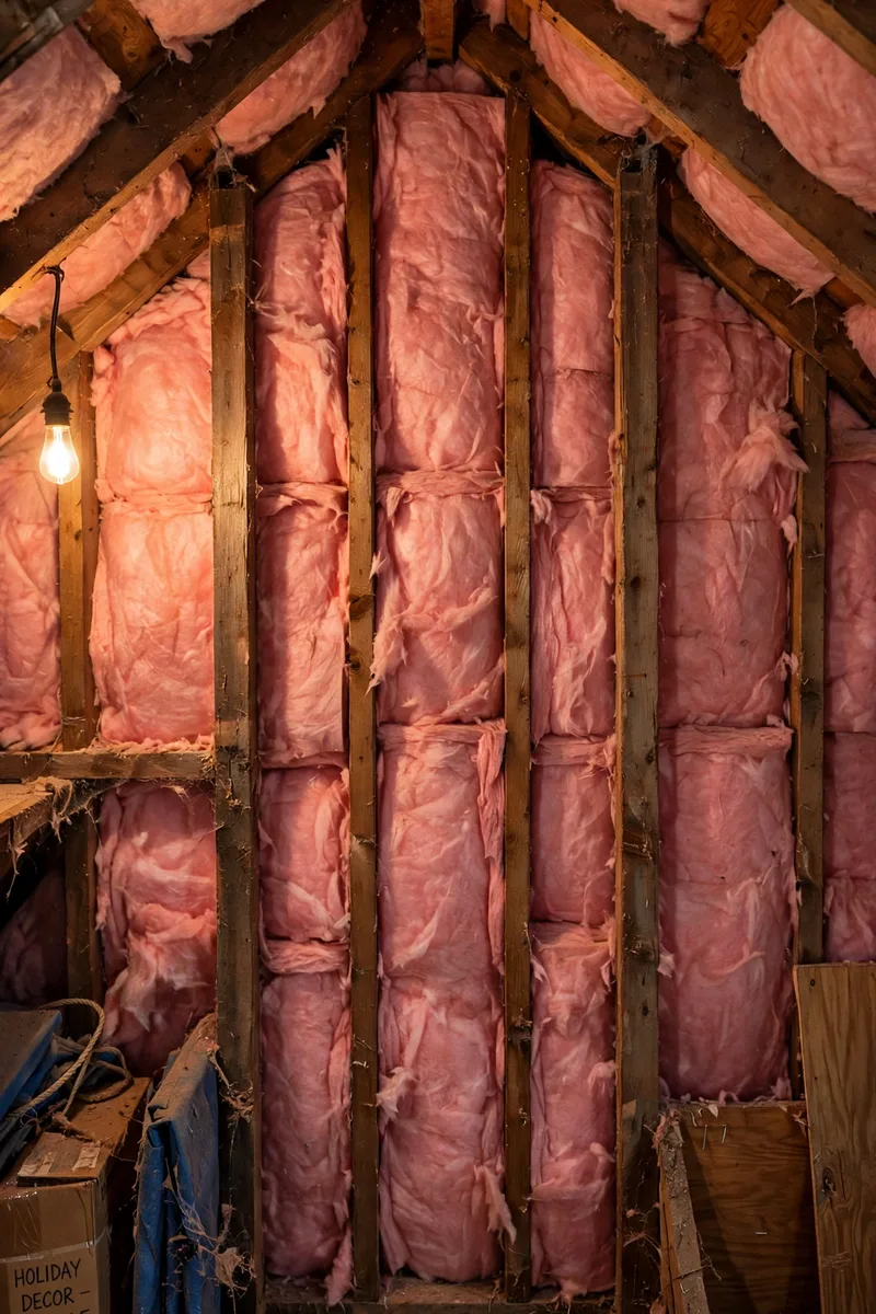 Attic with fiberglass insulation batts between roof joists