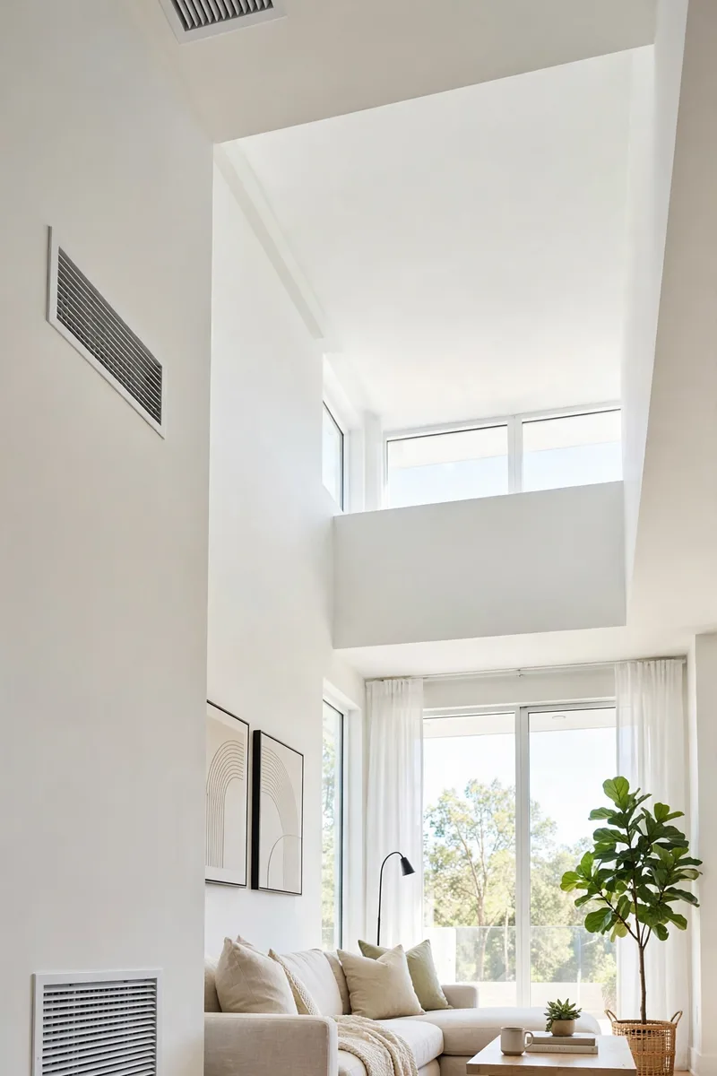 Modern living room with wall air vents and ceiling registers