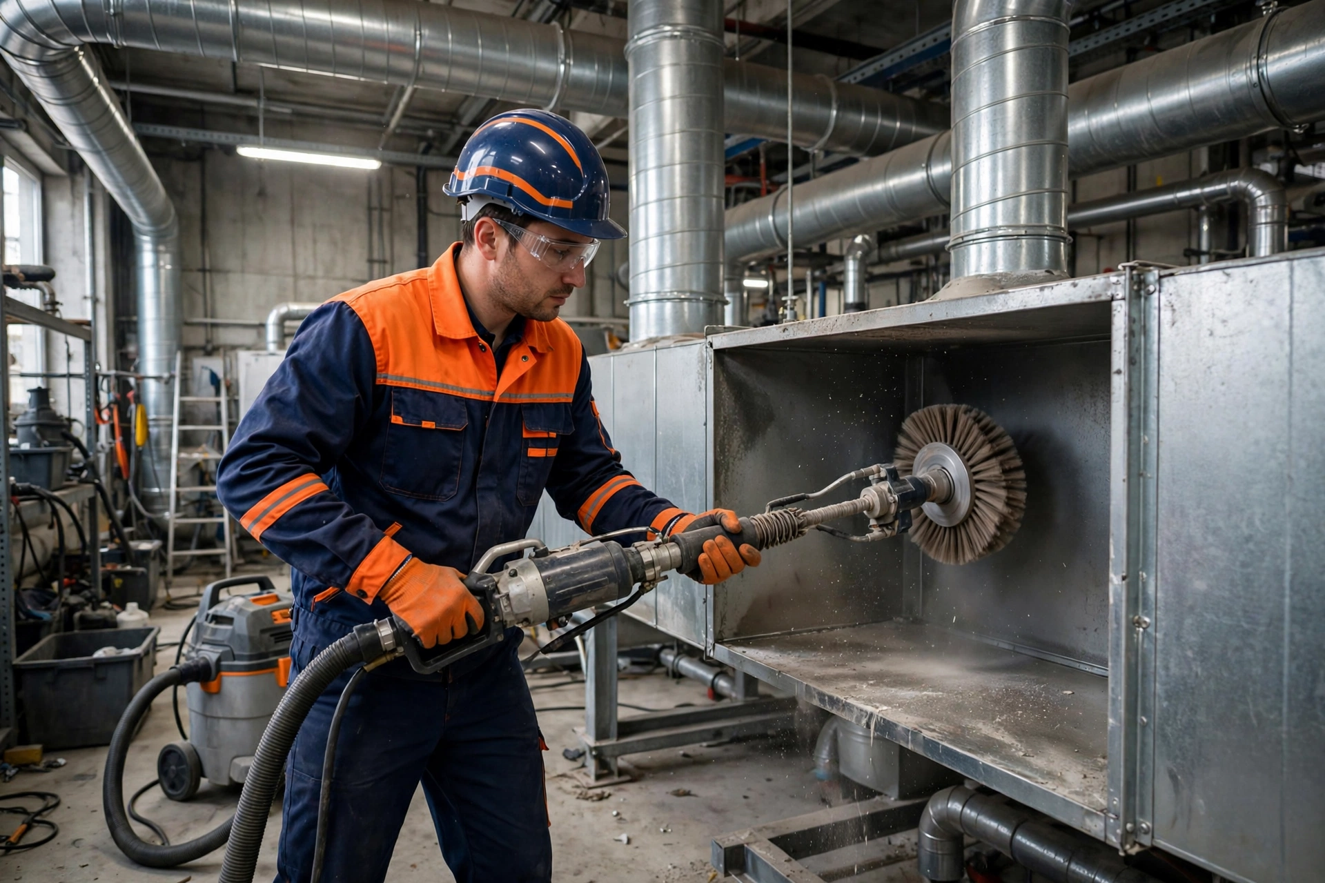 Technician cleaning commercial ductwork