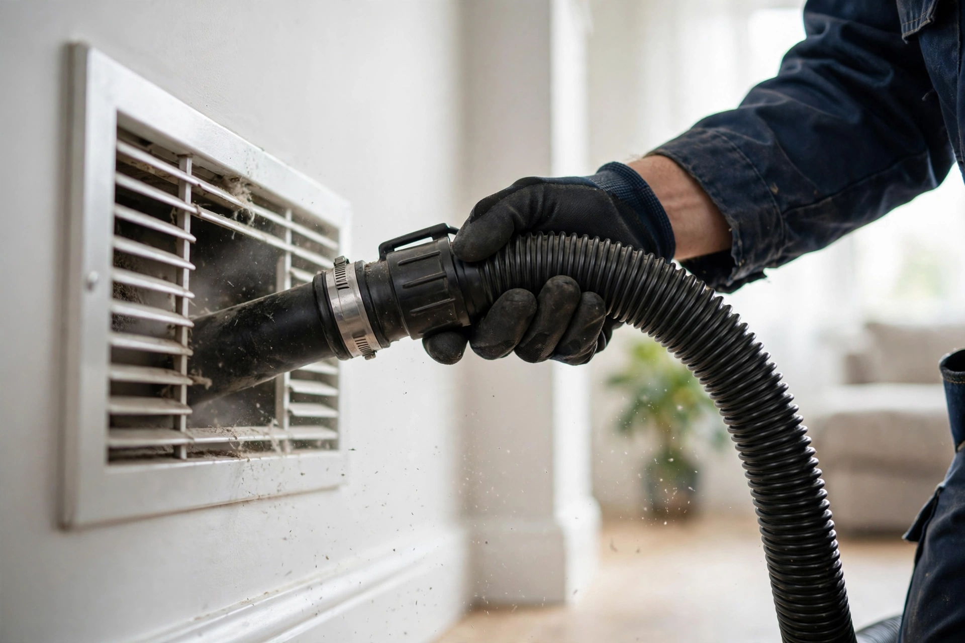 Technician cleaning a ceiling air vent with professional duct cleaning equipment