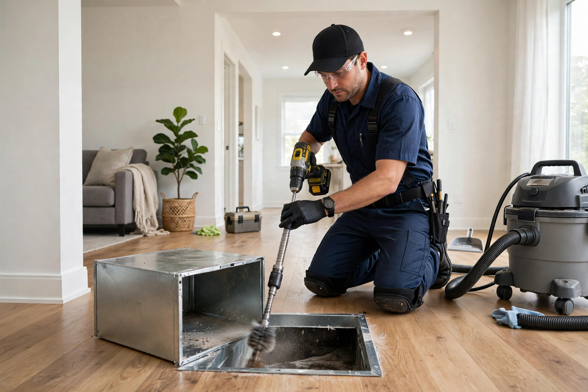 Technician performing professional air duct cleaning