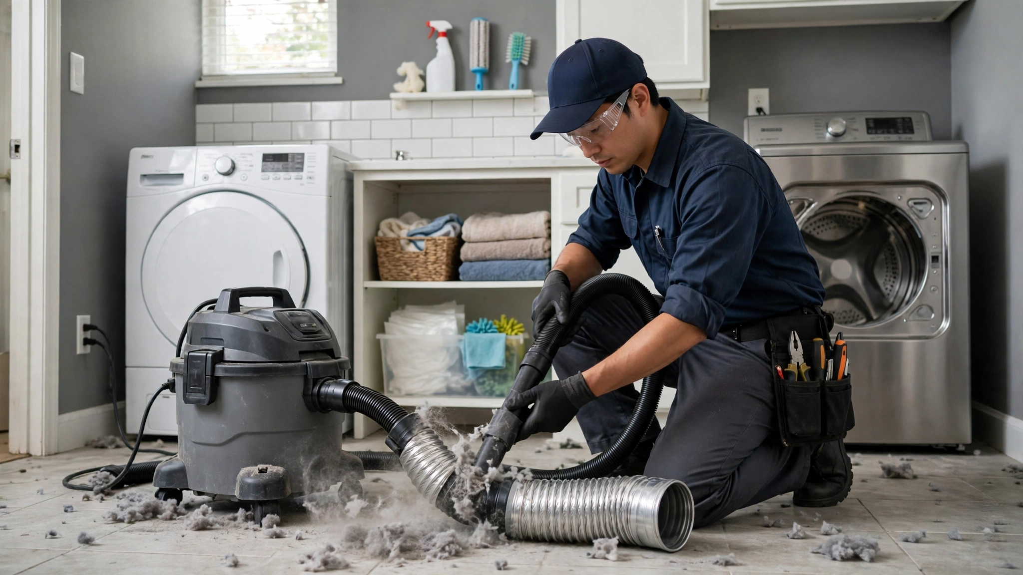 Dryer vent cleaning service in progress