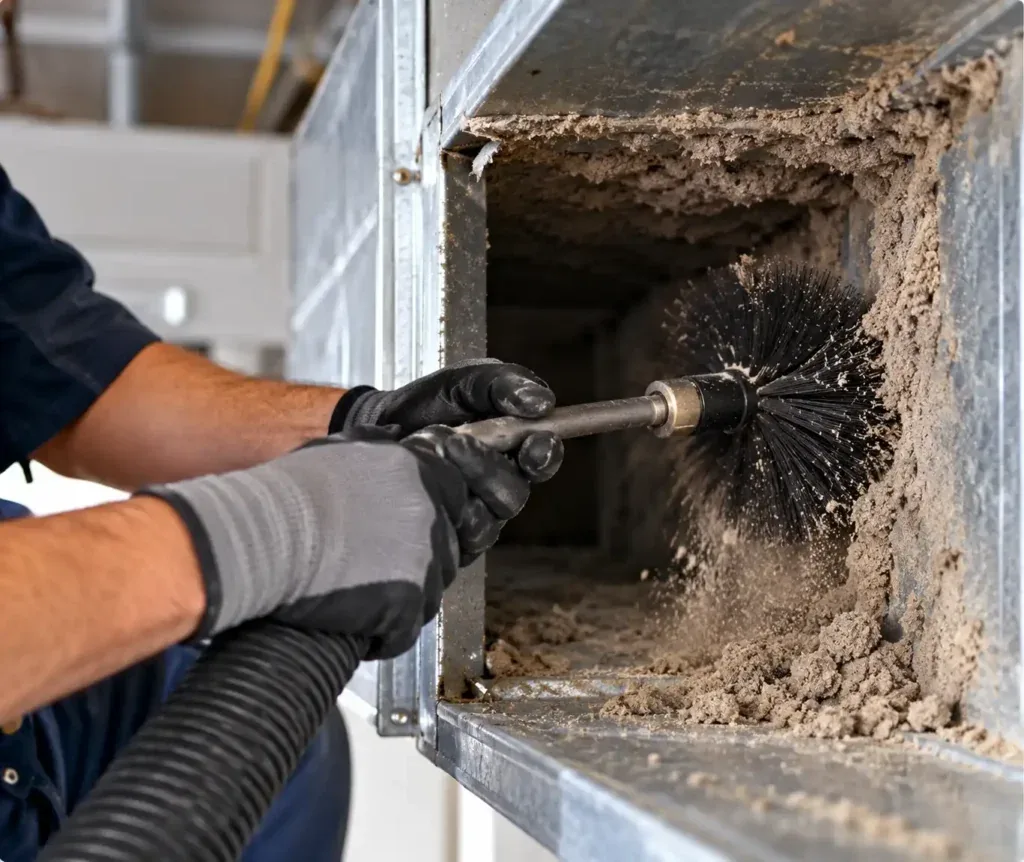 Certified technician cleaning a dusty air duct